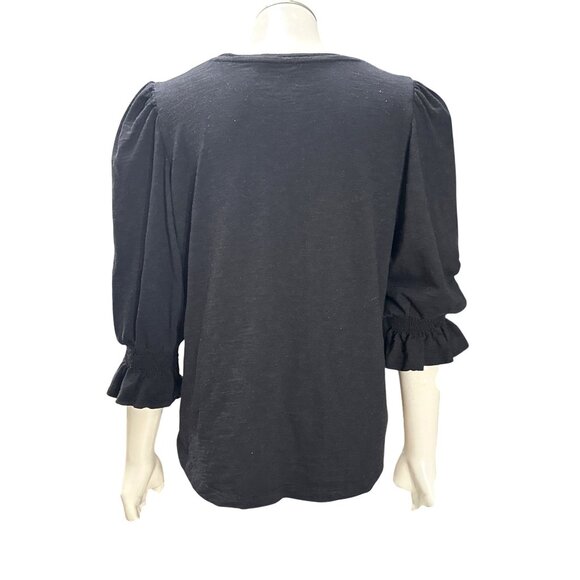 Chicos Size 1 Black Puff Sleeve Smocked Ruffle Cuff Knit Top Modern Minimalist - Picture 4 of 10